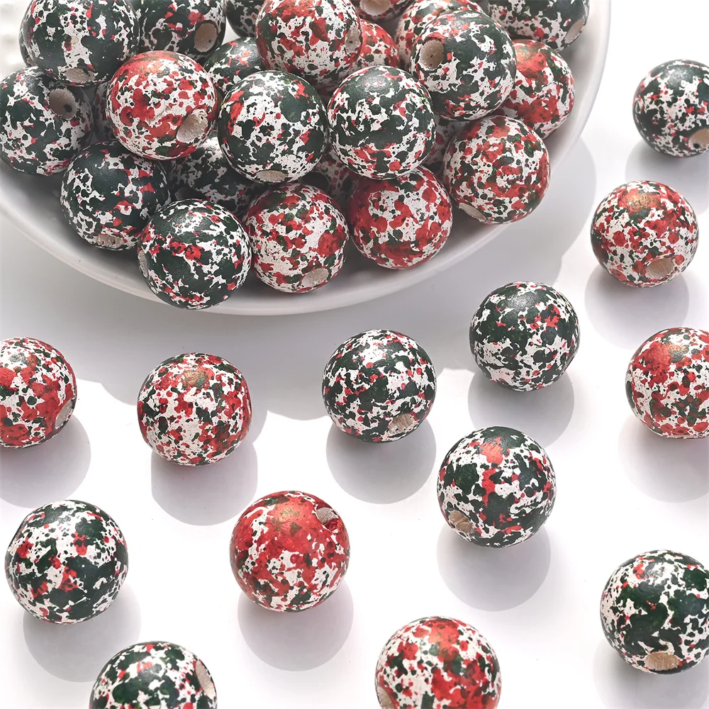 16mm 10 Stück Weihnachts-Holzperlen mit bemaltem Rot-Grün-Splatter-Graffiti, Vintage-Optik, große Löcher für DIY-Bastelarbeiten und Girlandenherstellung – Detail 3