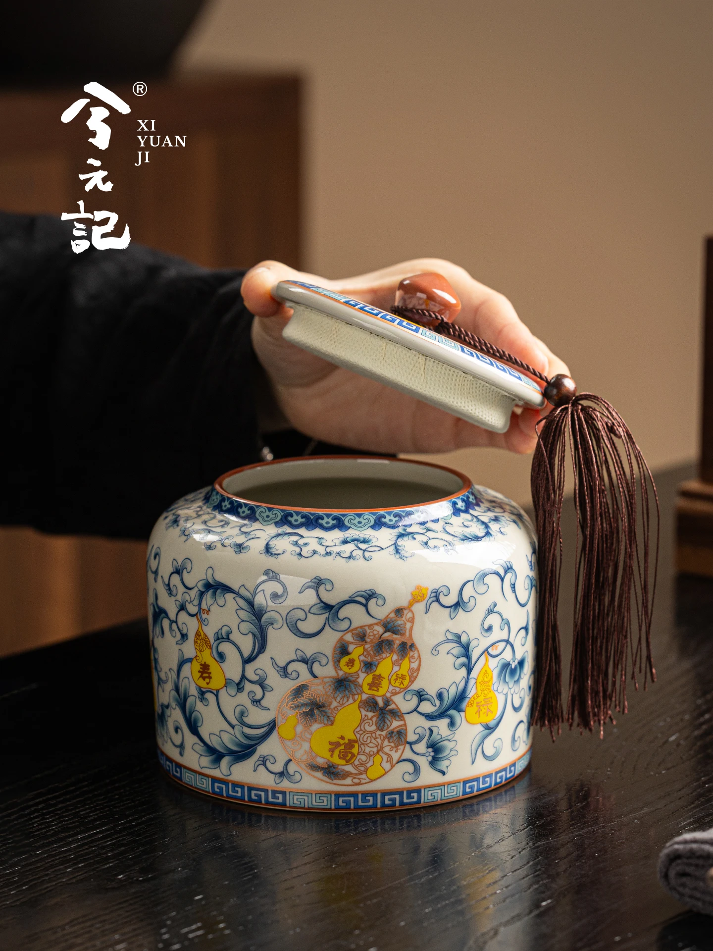 Grass and Wood Gray Blue White Tea Pot Household Ceramic Storage Jar Dustproof Moisture-Proof Sealed