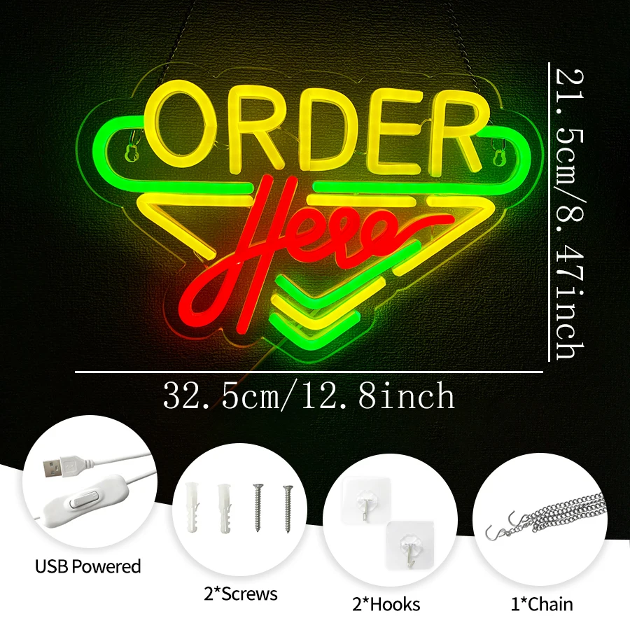 Order Here Neon Sign,LED Business Neon Sign for Wall Decor Coffee Store Restaurant Shop Bar Retail Store Decor USB Light Up Sign