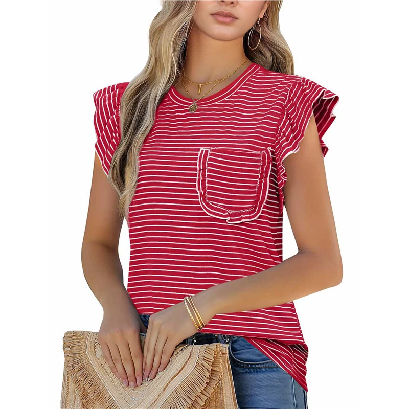 

2Z-Women's Pleated Crew Neck Casual Striped Pocket Ruffle Short Sleeve Top