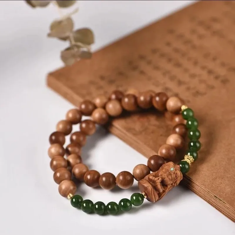 

Браслет с двойной петлей из состаренного сандалового дерева, черный тигр и тибетского божество, оригинальные женские четки, дзен-медитация, духовный подарок