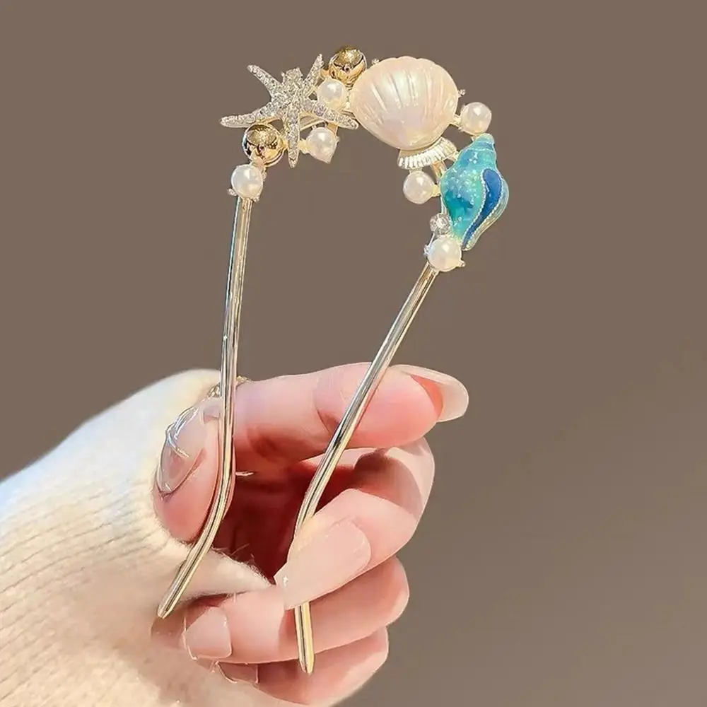 

Chinese Style Conch Pearl Hairpin with Tassel and Starfish Shell Handcrafted Hair Stick Elegant Women's Hanfu Bun Clip Scrunchie
