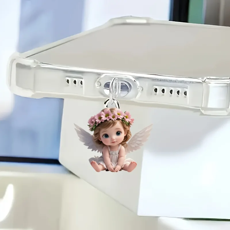 2d acrílico plano anjo fada gato telefone poeira plug acessórios decorativos para iphone tipo-c interface poeira plug pendurado decoração