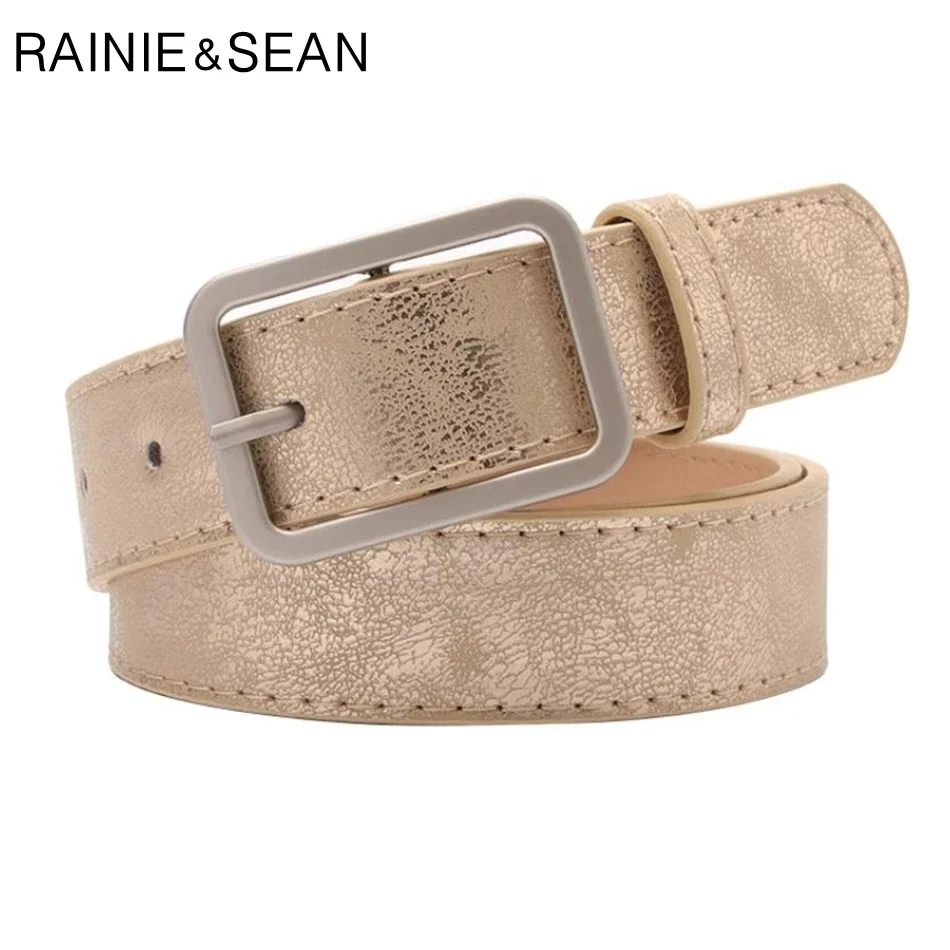 

RAINIE SEAN Golden Women Belt Square Pin Buckle Ladies Waist Belt for Jeans Pu Leather Fashion New Design Female Belt Trousers