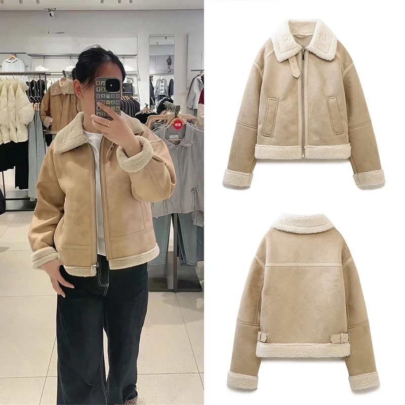 Guobioziy Women's Slim-Fit Reversible Faux Fur Coat 2026 Fall/Winter New French Casual Fashion Motorcycle Commuter Street Style