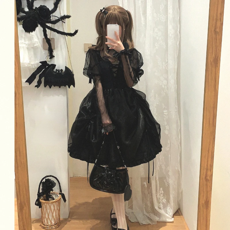 Japanese Victorian Kawaii Lolita Dress Women V Neck Jacquard Organza Fairy Dresses Korean Fashion Gothic Sleeveless Strap Dress