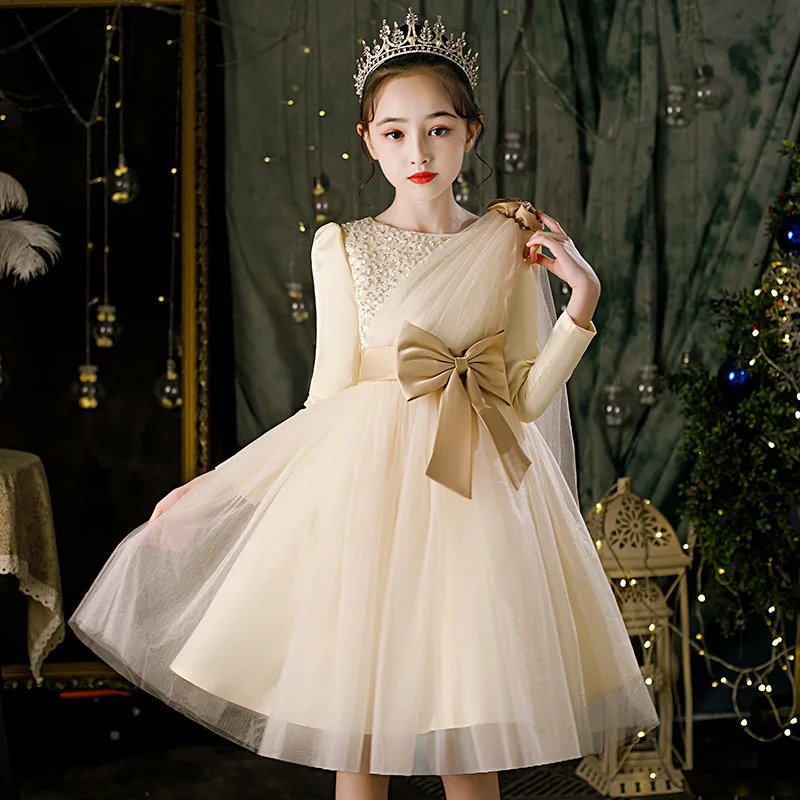 Children's Formal Dress with Long Sleeves Girls Performance Outfit Wedding Dress Piano Performance Hostess's Puff-sleeved Dress