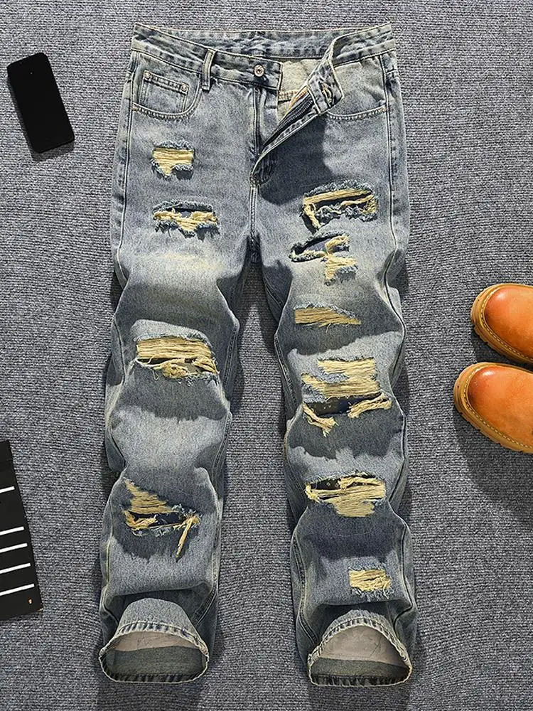 2025年パーソナライズされたハンサムなダメージジーンズ メンズストリートファッションブランド ルーズストレートレッグ ワイドレッグ レトロ ダメージデニムパンツ