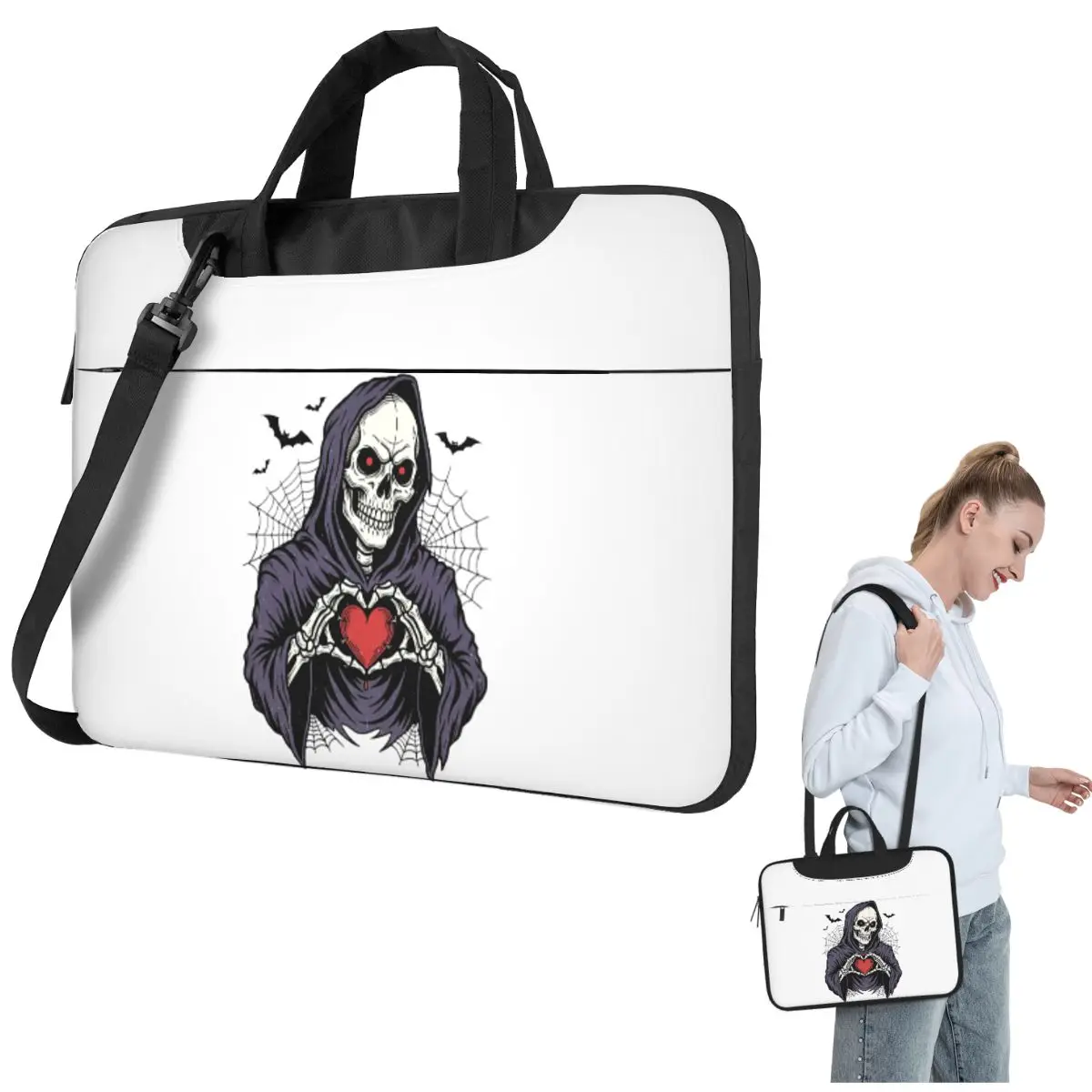 

Мрачный Жнец Скелет с сердцем Жуткий милый дизайн Хэллоуина Сумка для ноутбука Чехол Сумка для компьютера 13, 14, 15,6-дюймовая сумка для ноутбука