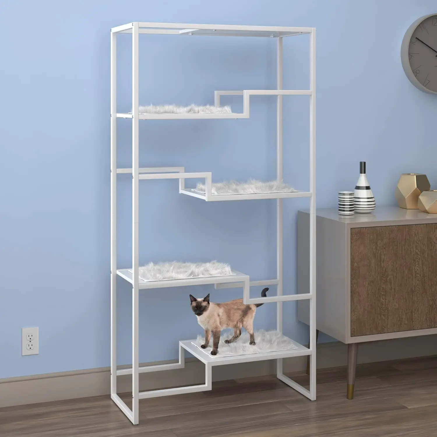 THE REFINED FELINE 62 Inch Tall Metropolitan Cat Condo, White Metal Frame Cat Tower, Multi-Level Modern Cat Tree.