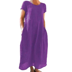 Beach Party Dress Oversized A-line Maxi Dress with Pockets for Women Solid Color Short Sleeves Soft Plus Size Breathable Ankle