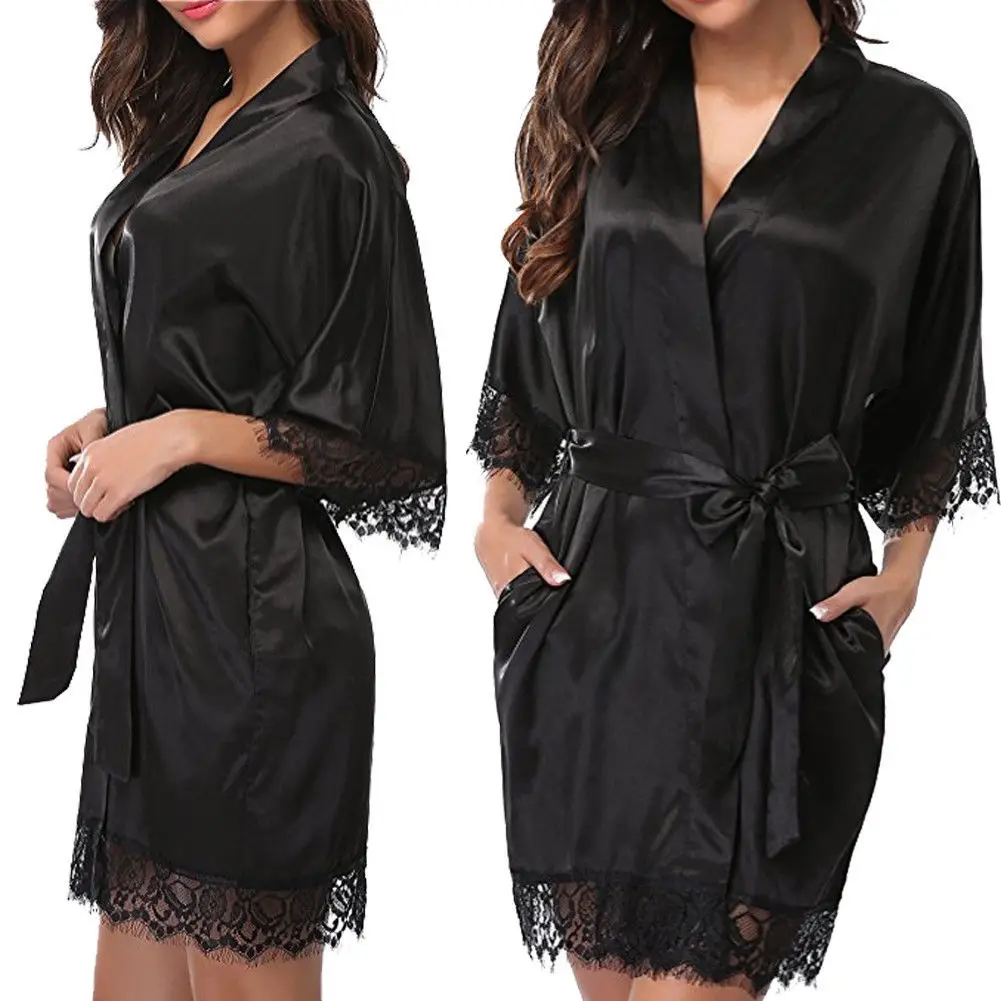 

Robes Mid-sleeve Sexy Women Nightwear Robes Lace Real Silk Female Bathrobes