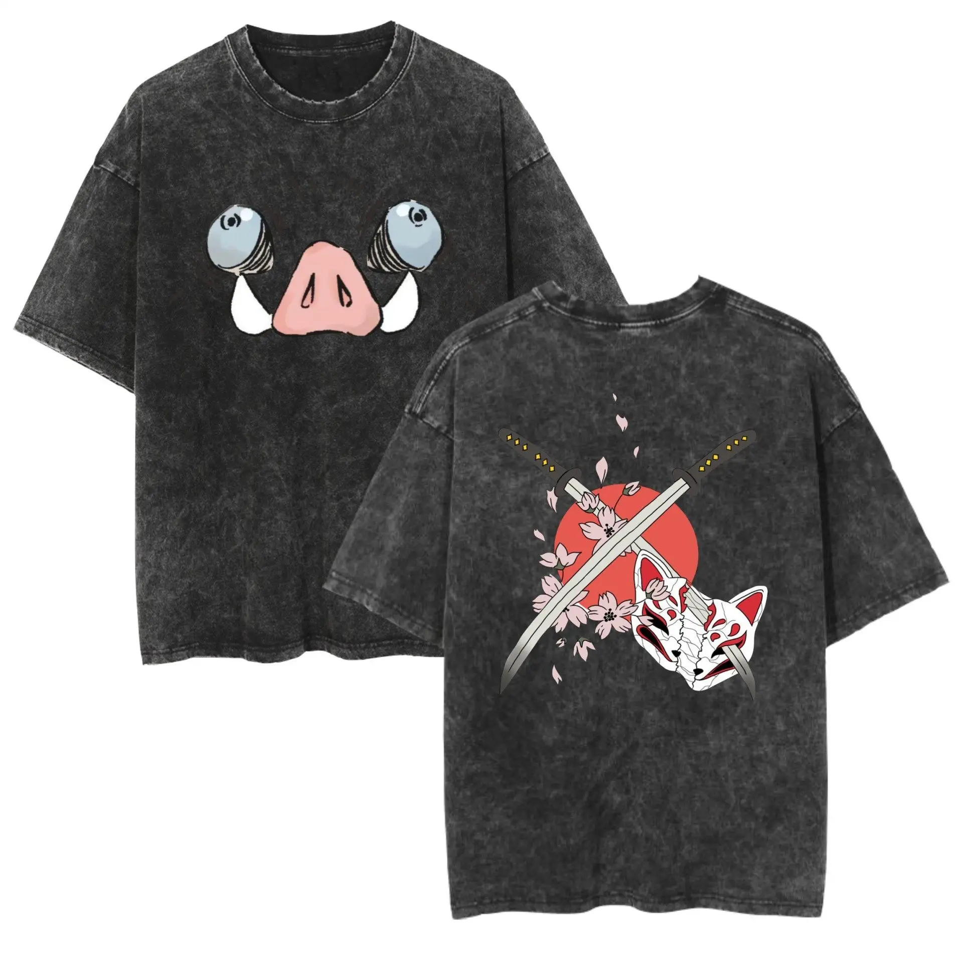 Neues 2026 Ghost Slayer Retro Washed Anime Kurzarm-T-Shirt mit Aufdruck für Täglichen Komfort