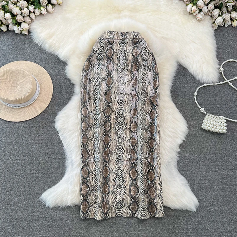 Women Chic Shinning Print Midi Skirt Zipper High Waist Leopard Zebra Wild Style Retro Long Skirts Mujer