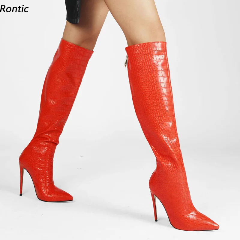 

Rontic New Handmade Women Winter Knee Boots Back Zipper Stiletto Heels Pointed Toe Beige Purple Red Dress Shoes US Size 5-15