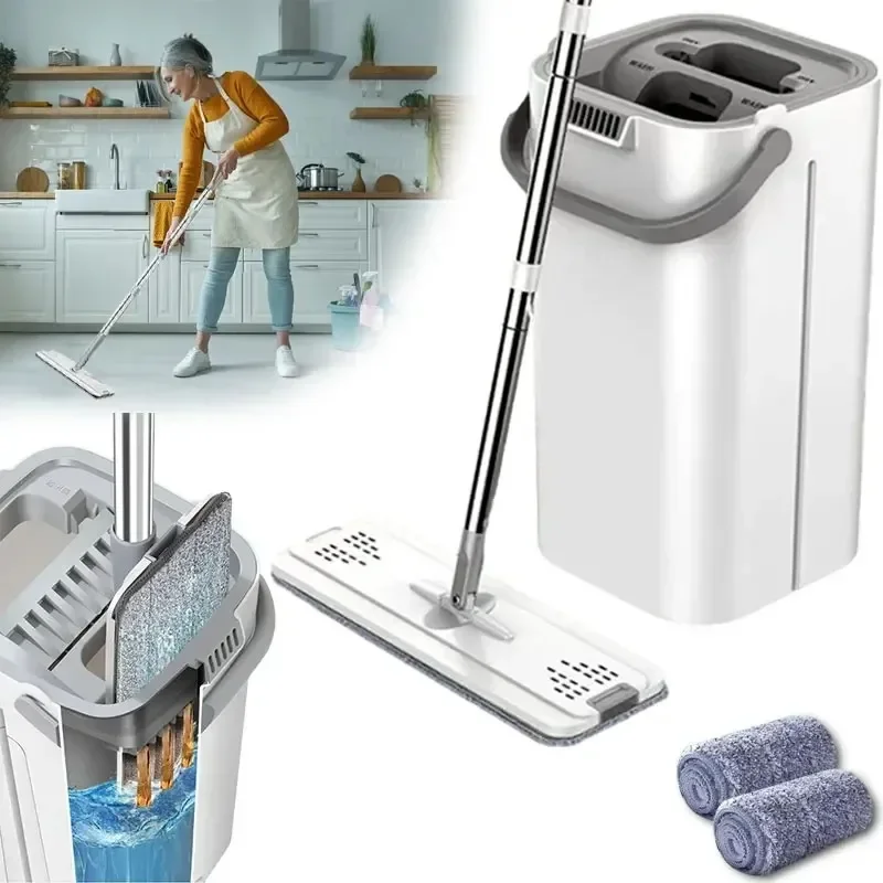 Lazy Hands-Free Flat Mop Bucket Set, Professional Home Floor Cleaning System with Washable Microfiber Cloth Pad, Dry or Wet Use