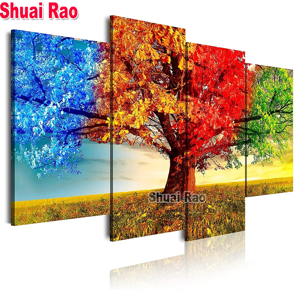 

4 Piece Diamond Painting Landscape four Seasons Trees Modern 3d Picture Home Decoration Mosaic spring,Summer, autumn, winter,