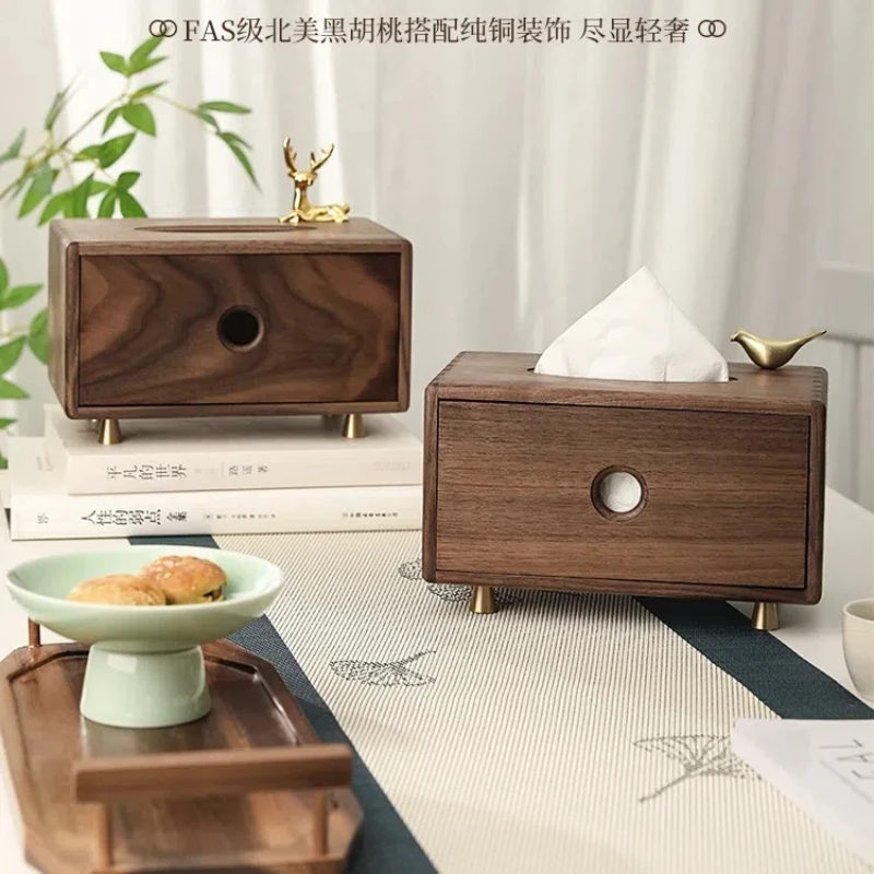 Black Walnut Wooden Drawn Paper Box Multi Functional Solid Wood Tissue Box New Chinese Style Living Room Desktop Storage Box