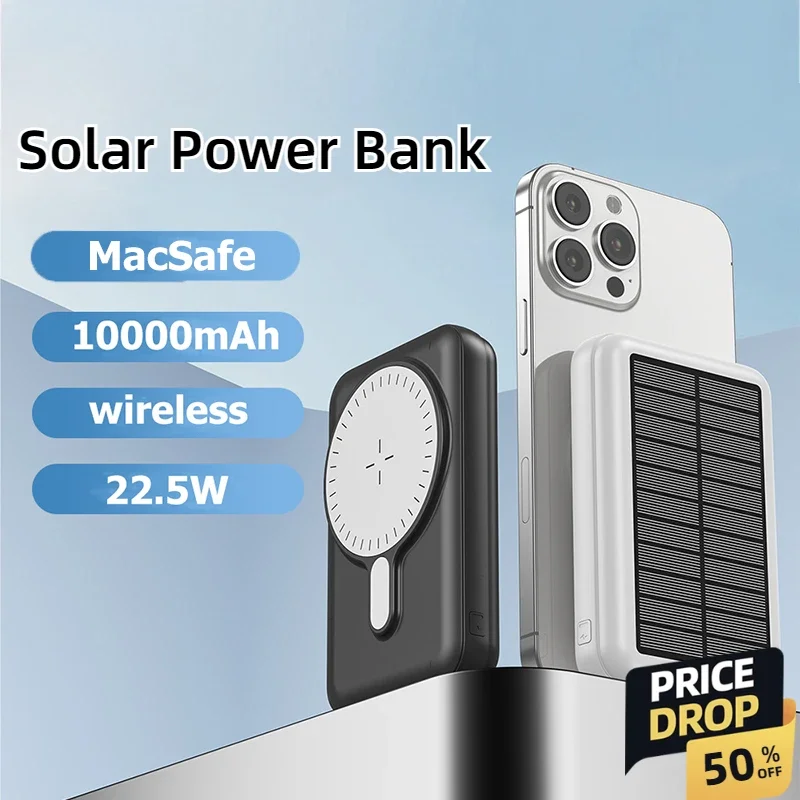 

10000mAh Magnetic Wireless Solar Power Bank PD 22.5W Fast Charging USB C External Spare Battery Portable Powerbank