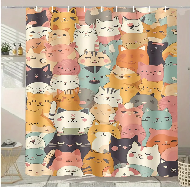 

Душевая шторка с милым рисунком кошачьих мордочек и красочным дизайном в стиле каваи, водонепроницаемая ткань, декор для ванной комнаты, идея подарка для любителей животных