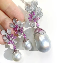 MeiBaPJ Natural Baroque Pearls Fashion Pink Zircons Jewelry Set 925 Silver Pendant Earrings Fine Wedding Jewelry for Women
