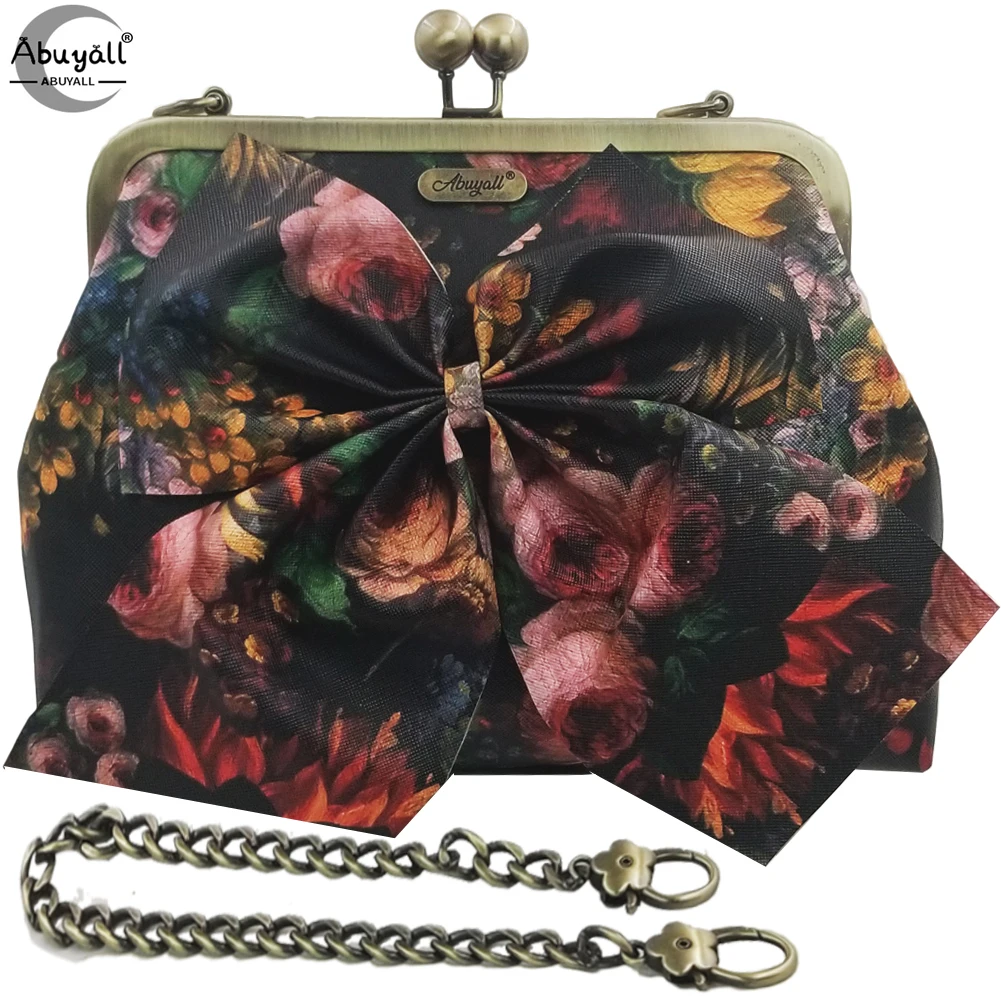 Abuyall Kiss Lock Top-Handle Handbag Floral Purse Pu Leather Chain Strap Shoulder Bag Evening Shell Wedding Purse Diy Ladies