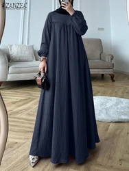 ZANZEA Fashion Muslim Abaya Hijab Dress Women Elegant Long Sleeve Solid Pleated Sundress Robe Femme Casual Loose Dubai Vestidos