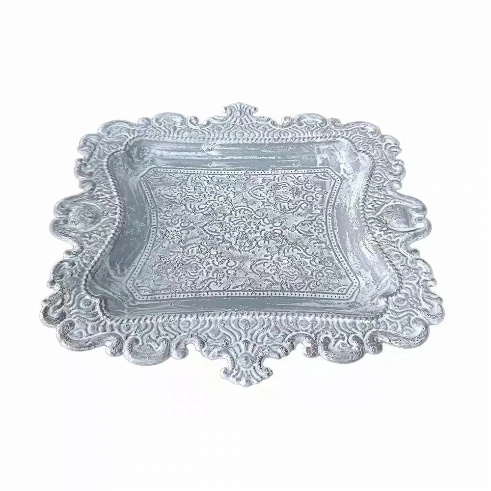 

French Style Decorative Tray, Ornate Lace Edge Design, Iron with Distressed Gray and Antique Bronze Finish, Vintage Carved Detai