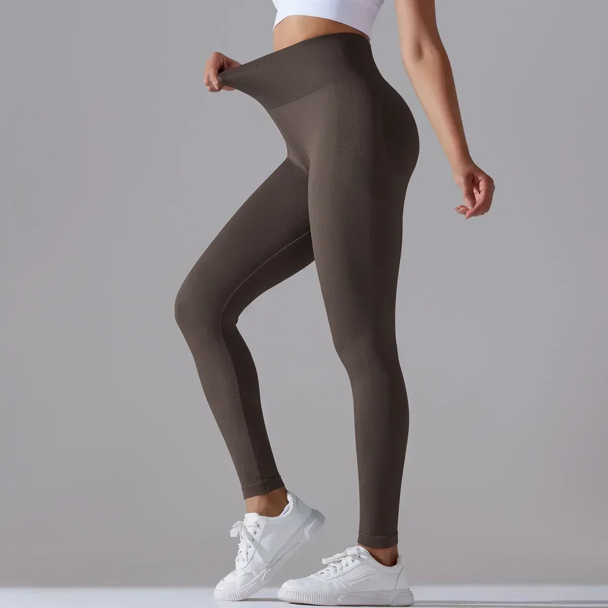 AL Yoga Women Pants Sports Running leggings Sports Fitness Pants Knitted Solid Smiling Face Sexy High Waist Yoga Pants Brown