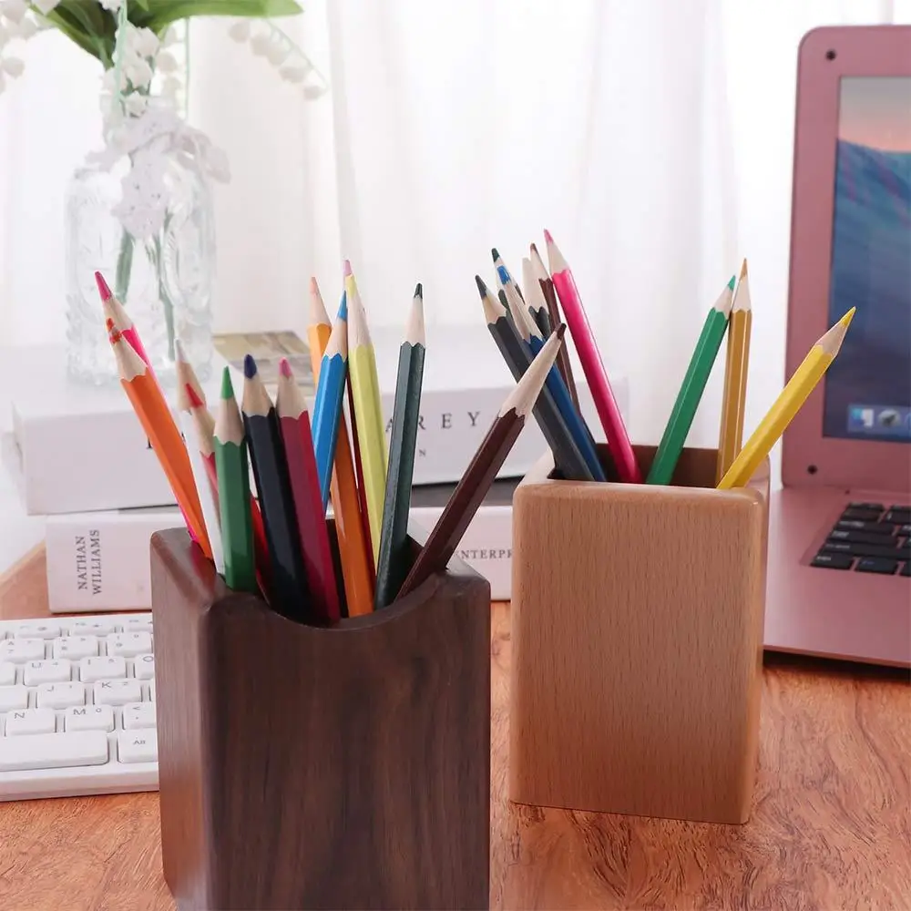 

Pen Container Natural Wooden Pencil Holder Large Capacity Multiple-use Wood Storage Box Black Walnut Retro Pen Holder Cup School