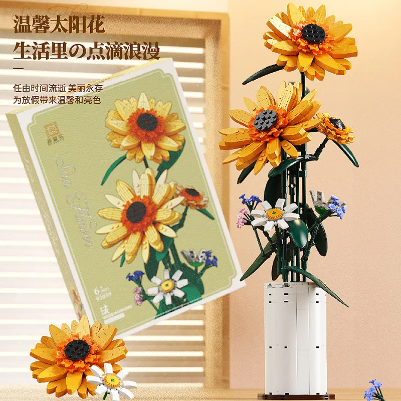 NEW Creative Flower Bouquet Sunflower With Vase Building Blocks Plant Potted Rose Bricks for Girls Birthday Gift Home Decoration