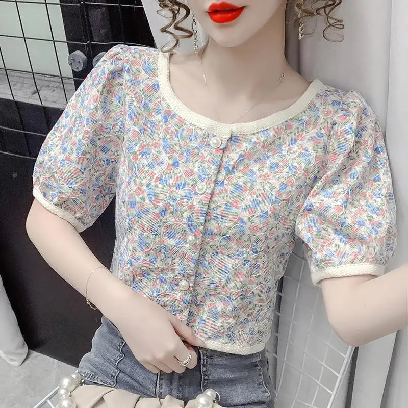 2024 Summer New Fashion Sweet Printed Short Sleeve Shirts Tops Crew Neck Loose Single-breasted Shorts Women\'s Clothing Blouses