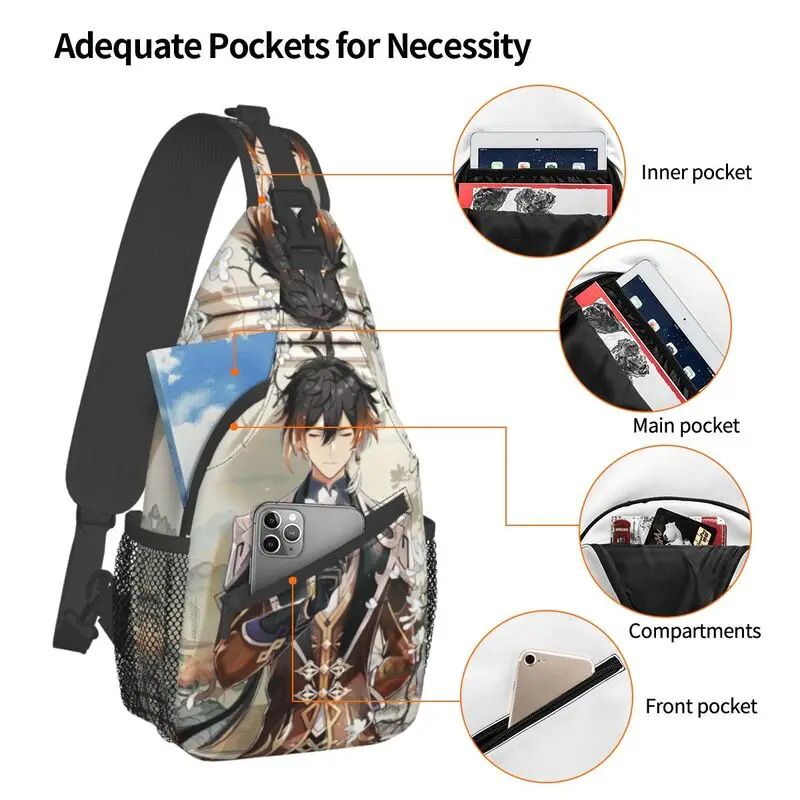 Zhongli Genshin Impact Sling Bag personalizado para hombres, mochila cruzada de hombro para el pecho, mochila de viaje para senderismo, paquete de