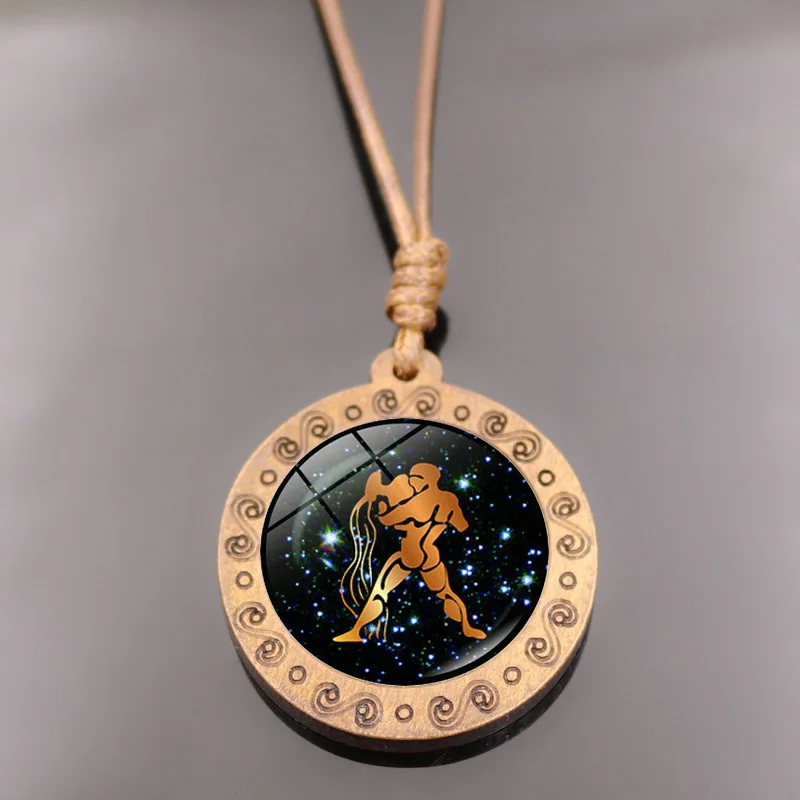 Vintage 12 Zodiac Constellation Brown Wax Rope Necklace Time Gem Wood Pendant Sweater Chain Unisex Charm Jewelry Gift Daily Wear