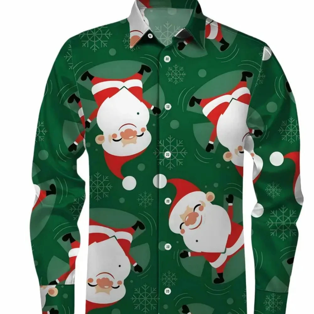 

Men's plus Size Long Sleeved Button Cardigan Santa Claus Print Lapel High-Quality Casual Top for Parties And Gatherings