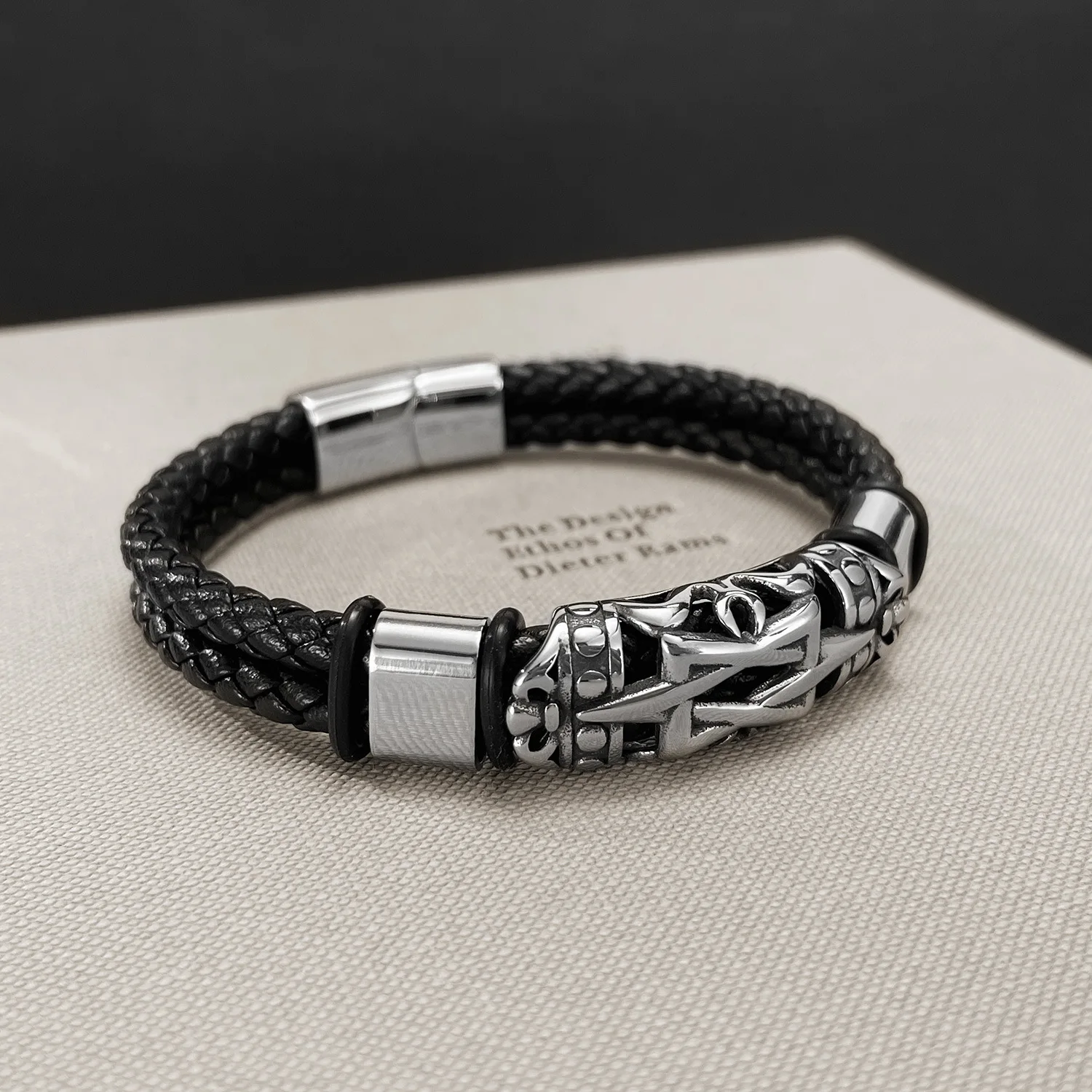 الأوروبية والأمريكية الأزياء والجلود سوار الرجال الفولاذ المقاوم للصدأ شخصية الاتجاه الهيب هوب هندسية المنسوجة سوار من الجلد #3