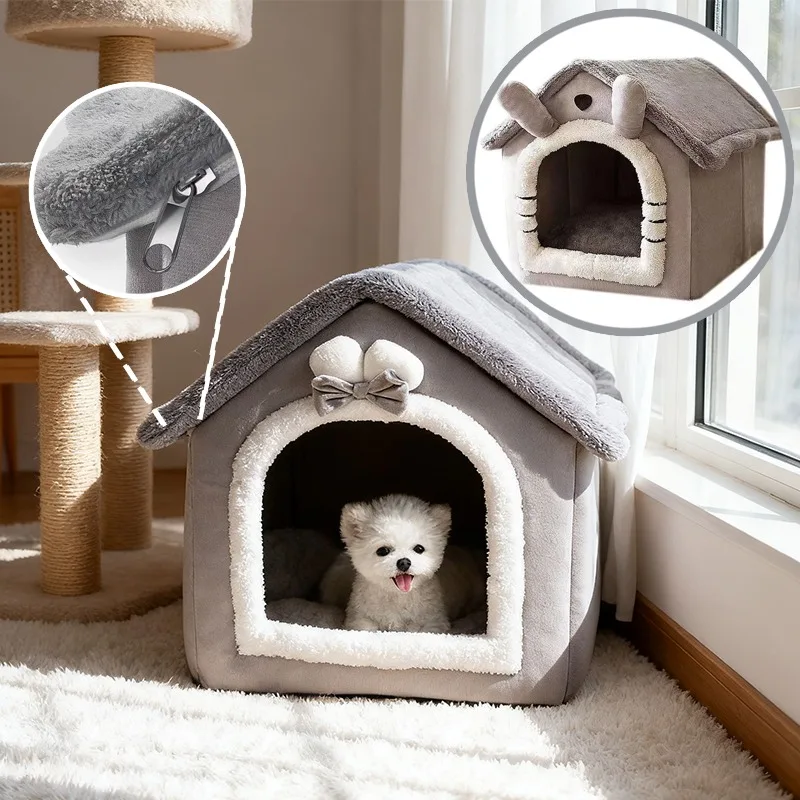 

Foldable Pet House Removable Washable Plush Cat Dog Bed Semi Enclosed Kennel for Small Dog Medium Pets Four Seasons Indoor