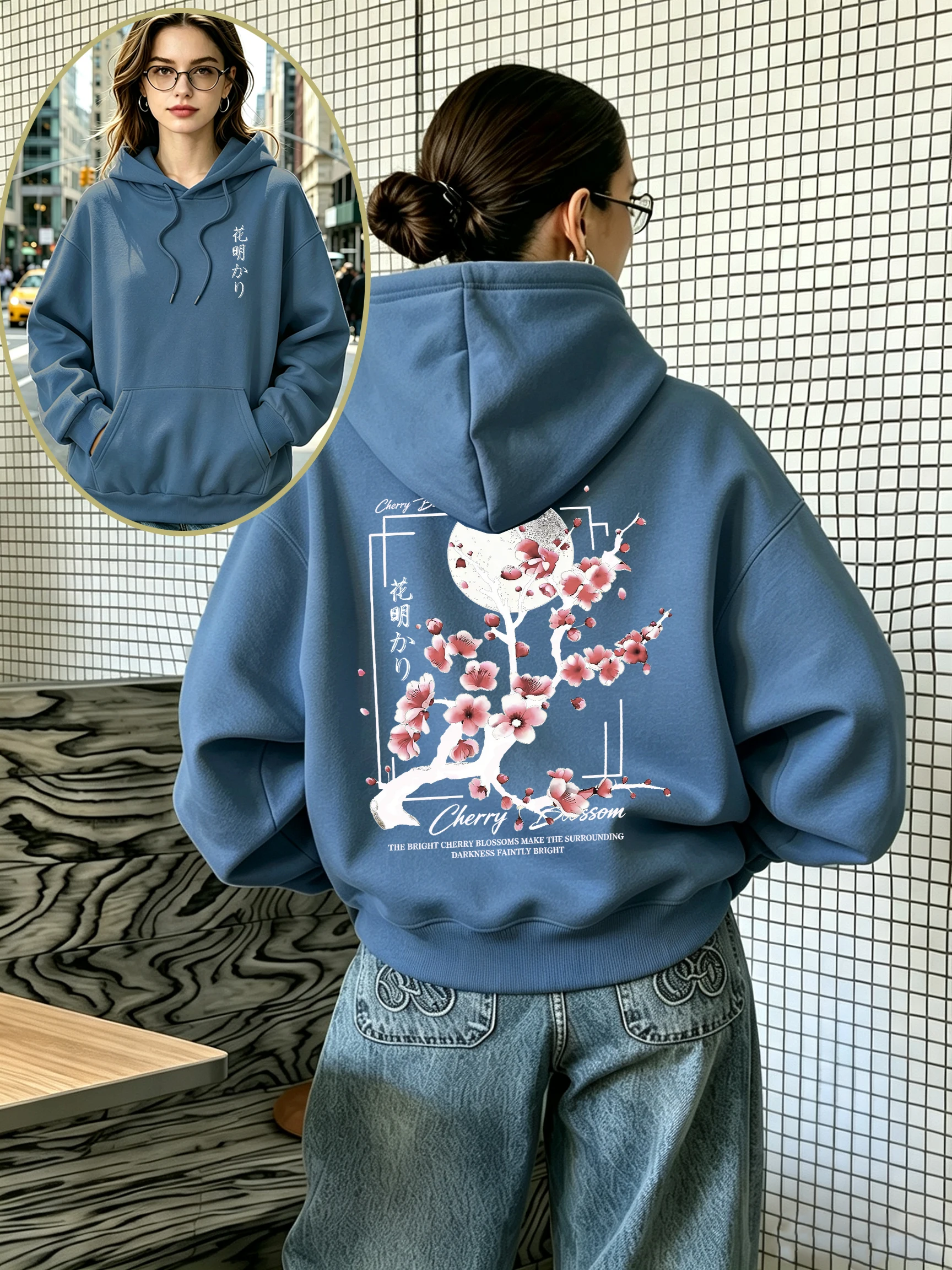 Japanese Cherry Blossom Pattern Women Hoody Casual Pocket Hoodie Loose Y2K Fleece Korean Clothing Vacation Autumn Streetwear
