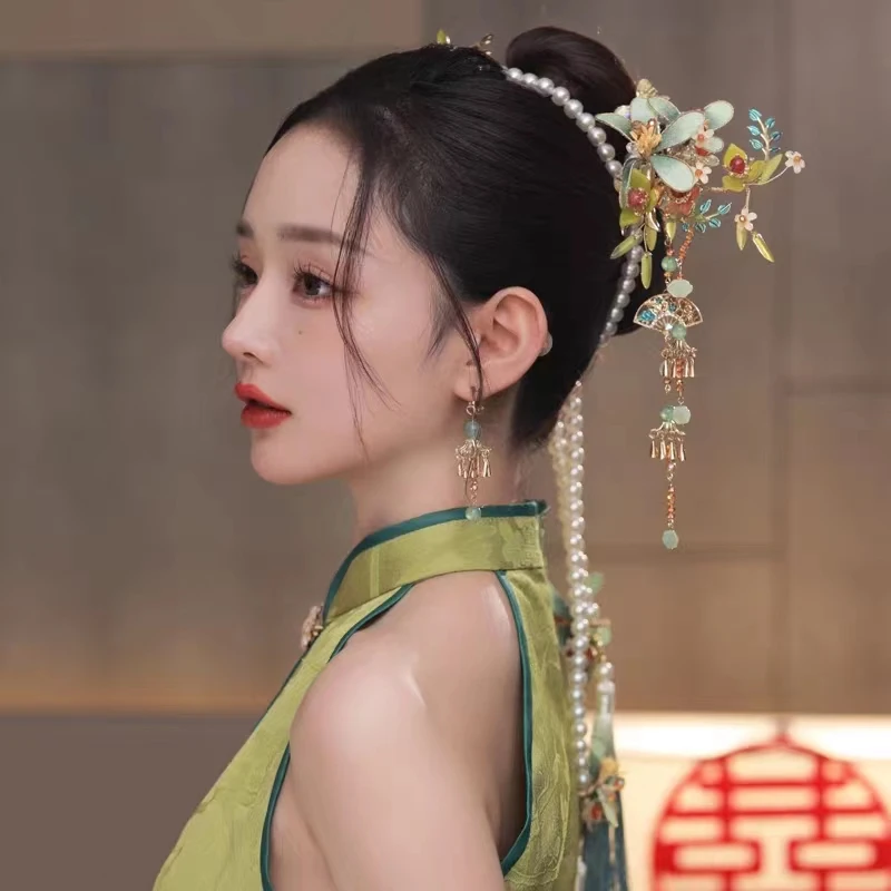 NiuShuya Ethnic Style New Chinese Style Classical Bridal Green Flower Hairpin Headdress Set Elegant Wedding Hair Accessories