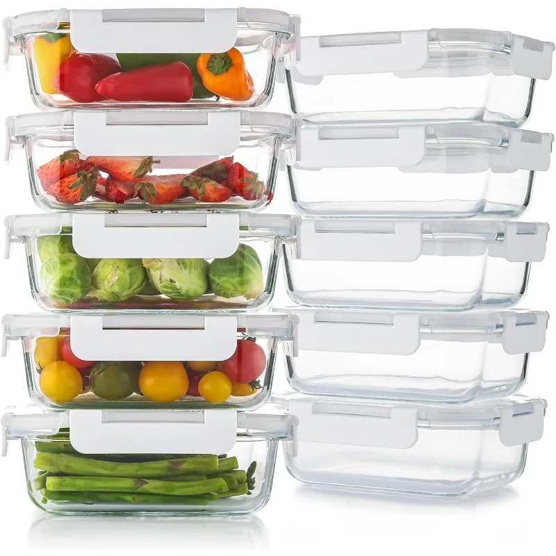 10 Pack 22 Oz Glass Meal Prep Containers with Lids, Reusable Glass Food Storage Containers with Lids, Leak Proof, Microwave