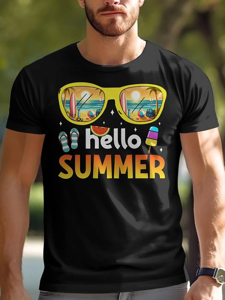 Sunglasses Watercolor T-Shirt Hello Summer Art Tees Trendy Short-sleeved Tops With Beach Vibes Ocean Lover T-Shirt For Men