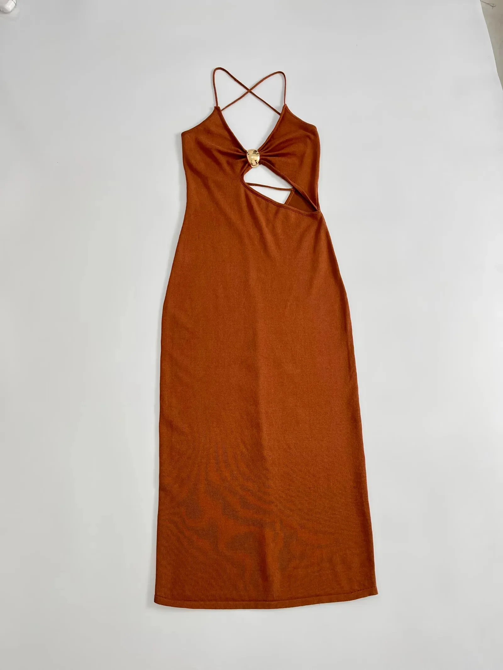 Women's Vintage Hollow Knit Midi Dress V Neck Backless Slim Fit Summer Maxi Dress Sexy Lady Elegant Brown Evening Dress