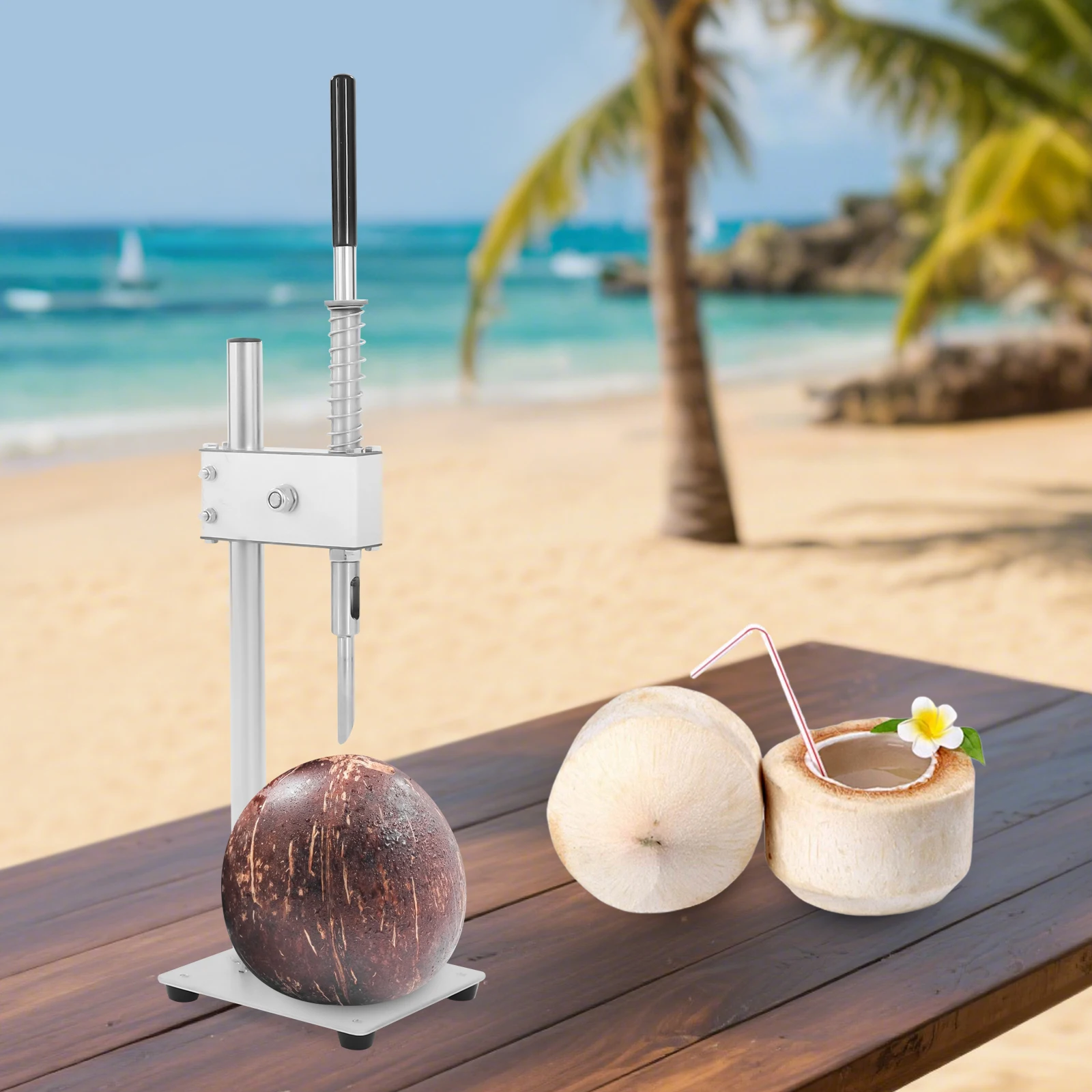 Stainless Steel Coconut Opener Tool Spring-Assisted 7.87in Adjustable Tabletop Coco Opener Kit with Gloves for Home/Picnic