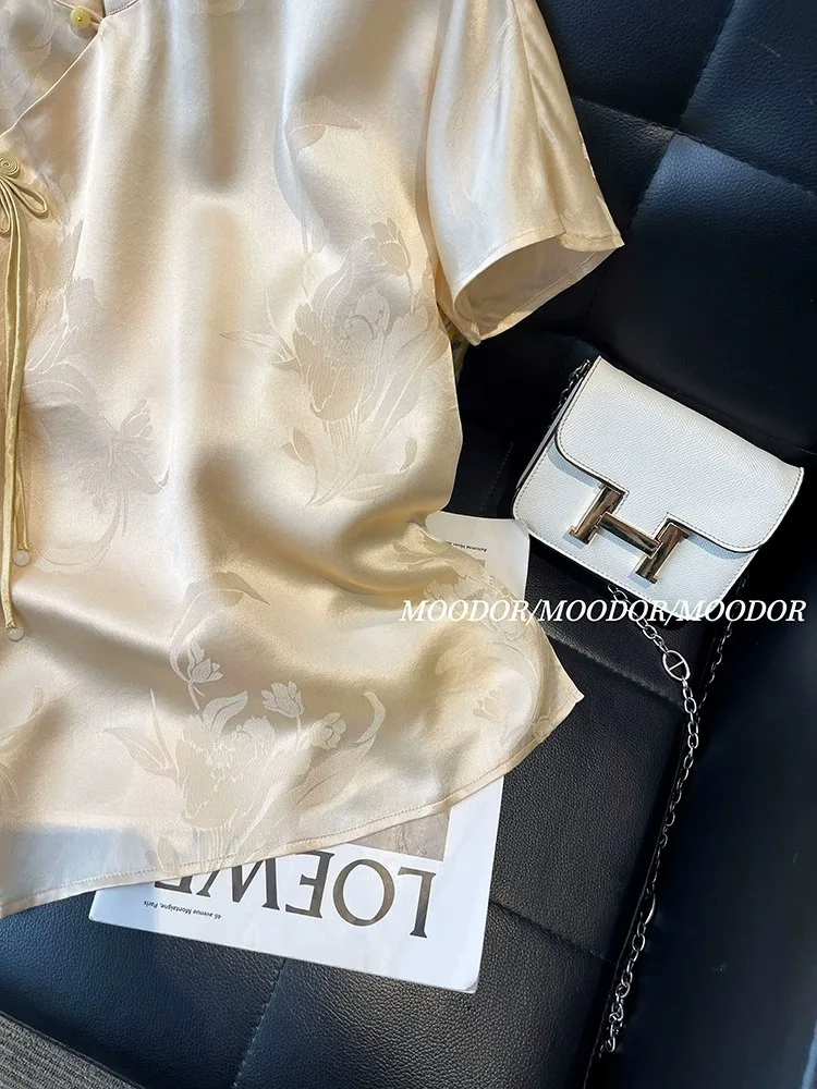 새틴 실크 자카드 레트로 셔츠 여성 짧은 소매 꽃 프린트 블라우스 중국 스타일 빈티지 루즈 탑 여름 새로운 패션