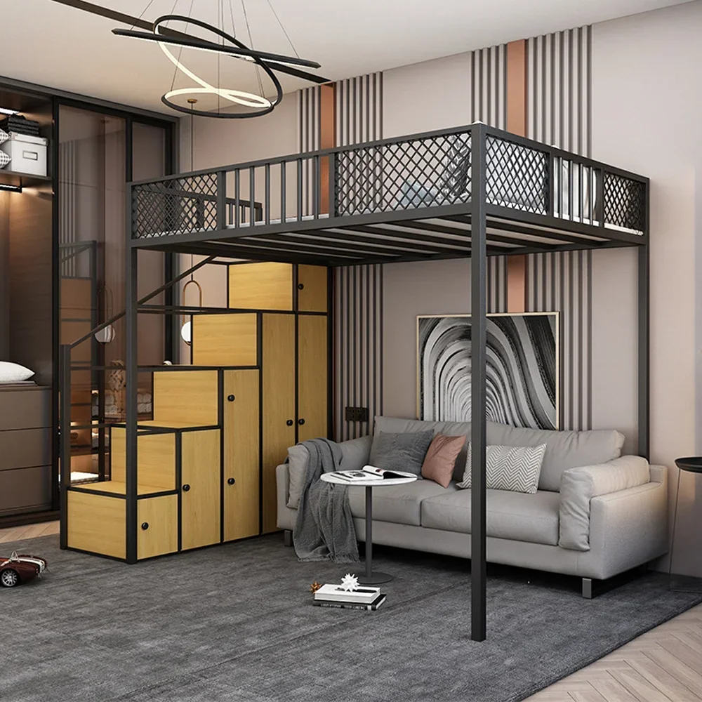 Tempat tidur susun logam Modern, dengan penyimpanan apartemen asrama besi hemat ruang multifungsi lantai tempat tidur kamar tidur furnitur