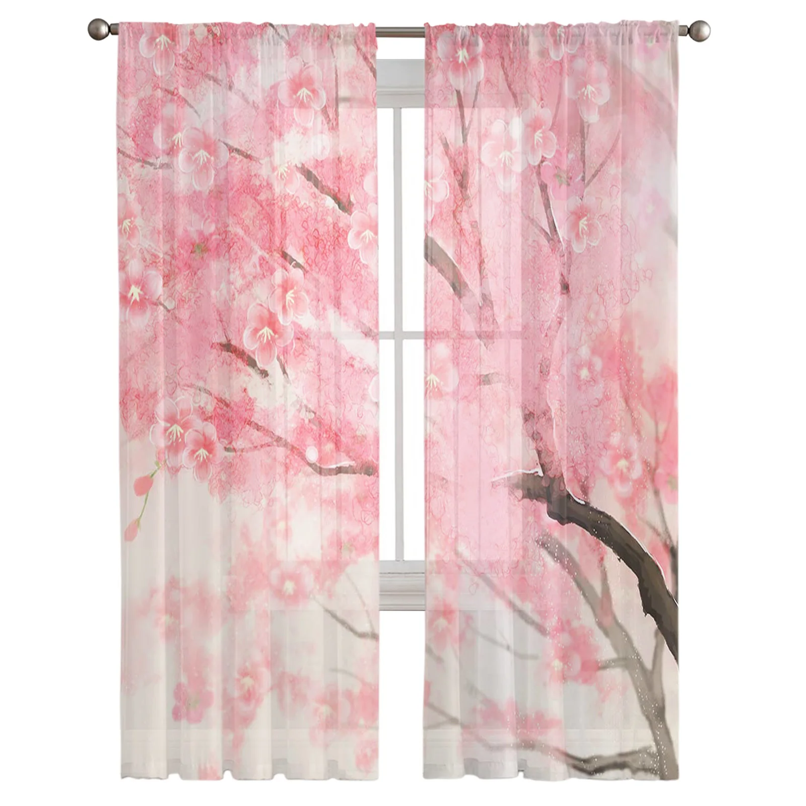 Pink Cherry Tree Sheer Curtain for Living Room Bedroom Voile Drape Kitchen Window Tulle Curtains Home Essentials