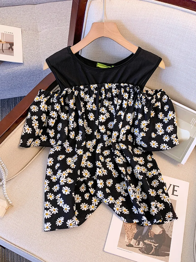 L-4XL Large Size Off The Shoulder Chic Blouses Summer Fake Two Piece Oversize Tops Short Sleeve Spliced Fashion Shirts Female