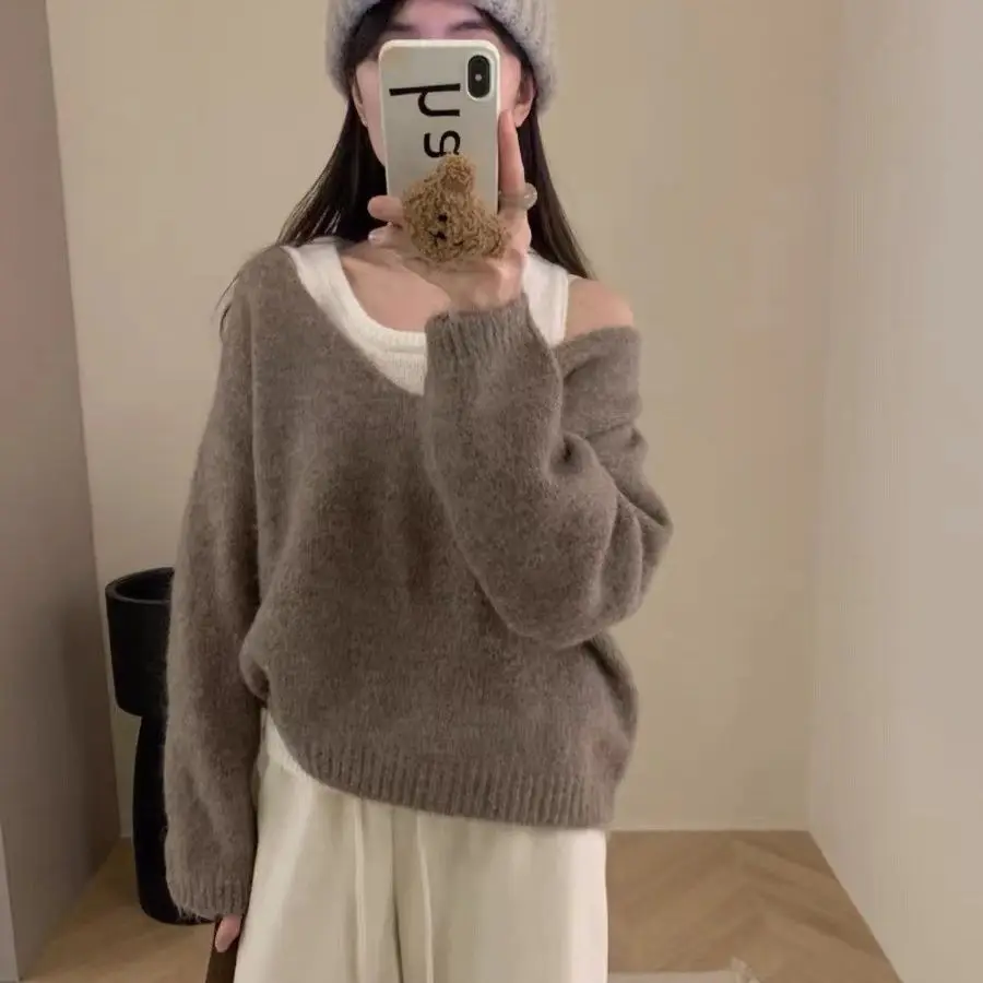 Ensemble pull tricoté ample à col en v pour femmes, automne hiver, ensemble deux pièces polyvalent et confortable