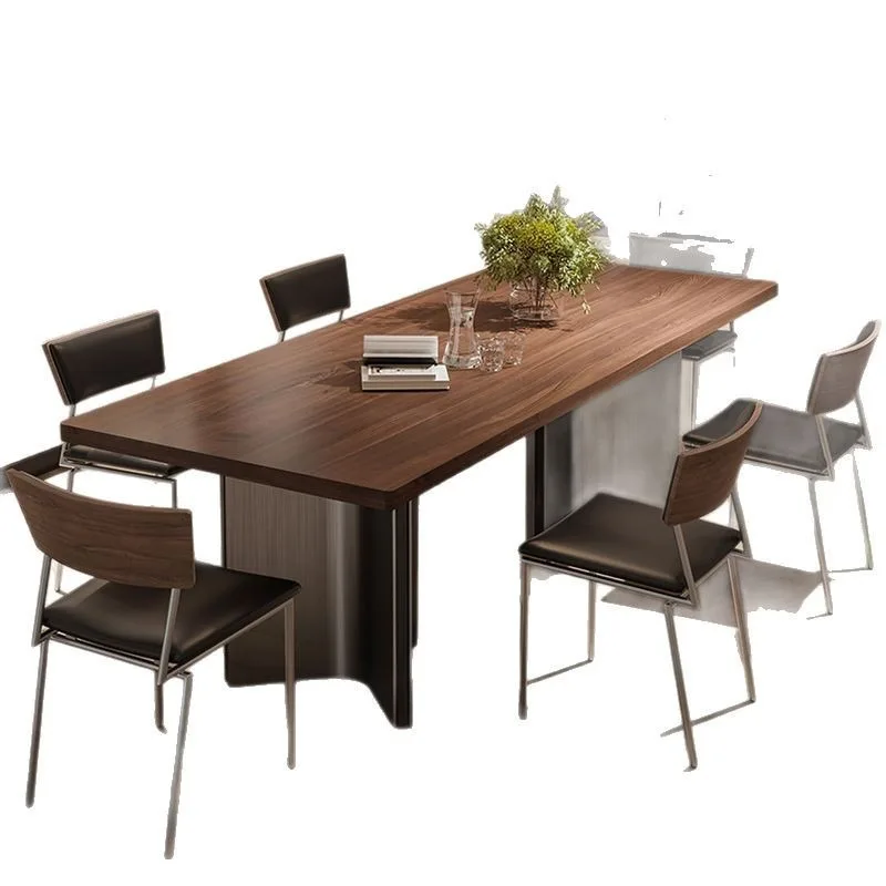 ae-Modern Retro Island Style Dining Table Set Large Rectangular Thick Wood Grain Veneer Table And Chairs