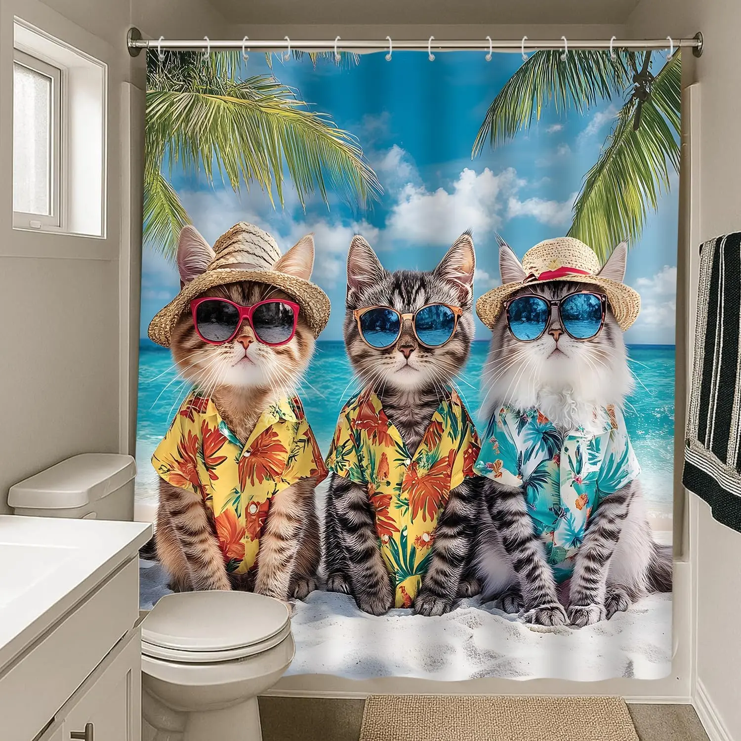 Tropical Cat Group Shower Curtain Fun Bathroom Decor Coastal Animal Funny Pets Jungle Style Washable  Tropical Cat Group Shower
